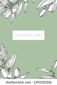 Vector invitation card with olive branch element frame. Black and white hand drawn design elements. Vector art
