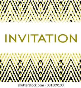 Vector invitation card on background with zigzag black, golden and cream ornaments