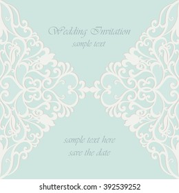 Vector invitation card ornamental lace with damask elements. Elegant lacy feather decoration, greeting card, wedding invitation or announcement, template. Green. Vector