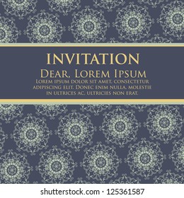 Vector invitation card with ornamental round lace with damask and arabesque elements.  Mehndi style. Orient traditional ornament.