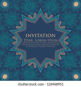 Vector invitation card with ornamental round lace with damask and arabesque elements. Mehndi style. Orient traditional ornament.