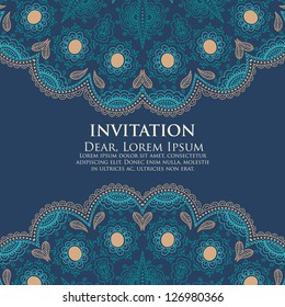 Vector invitation card with ornamental round lace with damask and arabesque elements. Mehndi style. Orient traditional ornament.