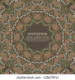 Vector invitation card with ornamental round lace with damask and arabesque elements. Mehndi style. Orient traditional ornament.