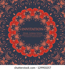 Vector invitation card with ornamental round lace with damask and arabesque elements. Mehndi style. Orient traditional ornament.