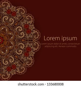 Vector invitation card with ornamental round lace with damask and arabesque elements. Mehndi style. Orient traditional ornament.