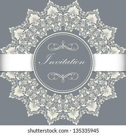 Vector invitation card with ornamental round lace with damask and arabesque elements. Mehndi style. Orient traditional ornament.