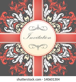 Vector invitation card with ornamental round lace with damask and arabesque elements. Mehndi style. Orient traditional ornament. With silk strip.