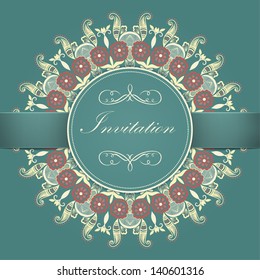 Vector invitation card with ornamental round lace with damask and arabesque elements. Mehndi style. Orient traditional ornament.With silk strip.
