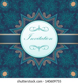 Vector invitation card with ornamental round lace with damask and arabesque elements. Mehndi style. Orient traditional ornament. With silk strip.