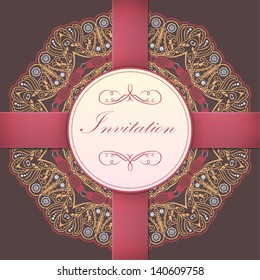 Vector invitation card with ornamental round lace with damask and arabesque elements. Mehndi style. Orient traditional ornament. With silk strip.