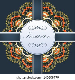 Vector invitation card with ornamental round lace with damask and arabesque elements. Mehndi style. Orient traditional ornament. With silk strip.