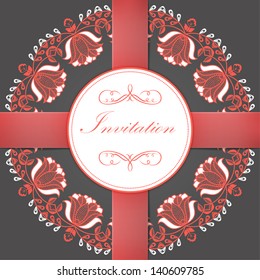 Vector invitation card with ornamental round lace with damask and arabesque elements. Mehndi style. Orient traditional ornament. With silk strip.