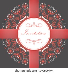 Vector invitation card with ornamental round lace with damask and arabesque elements. Mehndi style. Orient traditional ornament. With silk strip.