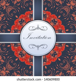 Vector invitation card with ornamental round lace with damask and arabesque elements. Mehndi style. Orient traditional ornament. With silk strip.