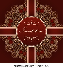 Vector invitation card with ornamental round lace with damask and arabesque elements. Mehndi style. Orient traditional ornament. With silk strip.