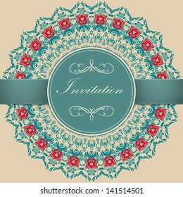 Vector invitation card with ornamental round lace with damask and arabesque elements. Mehndi style. Orient traditional ornament. With silk strip.