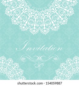 Vector invitation card with ornamental round lace with damask and arabesque elements. Mehndi style. Orient traditional ornament.