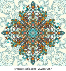 Vector invitation card with ornamental round floral doodle. Ornamental round lace pattern, circle background with many details. Abstract vector decorative floral backgrounds. Template design for card.