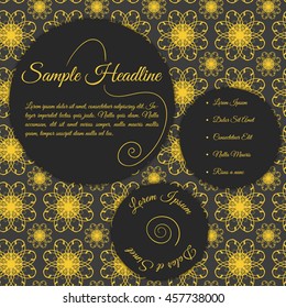 Vector invitation card with papercut effect. Concept in dark grey color with golden text. Template with floral ornamental background.