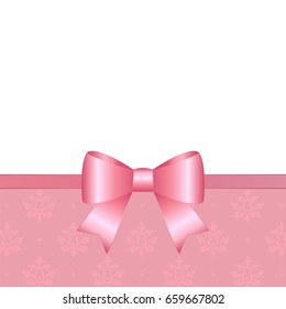 Vector Invitation card with pink holiday ribbon and bow. Gift Voucher Template  with  place for text.