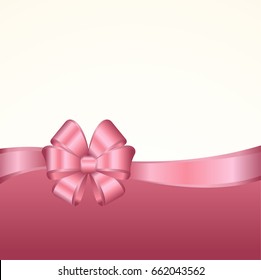 Vector Invitation card with pink holiday ribbon and bow. Gift Voucher Template  with  place for text.