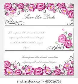 Vector invitation card with pink roses for wedding, marriage, birthday, Valentine's day.