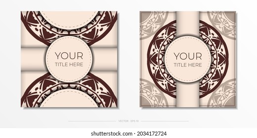 Vector invitation card with place for your text and abstract patterns. Luxurious Ready-to-Print Beige Color Card Design with Mandala Patterns.
