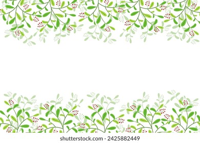 Tarjeta de invitación vectorial o postal con ramitas de hierbas y marcos de ramas. Ramos rústicos vintage con ramitas en tonos verdes sobre un fondo blanco.