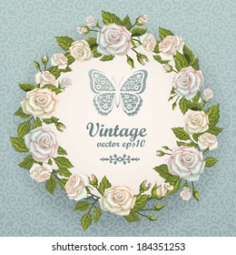 Vector invitation card with rose round frame and butterfly