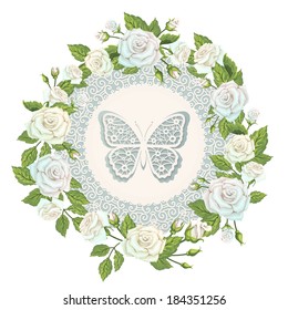 Vector invitation card with rose round frame and butterfly