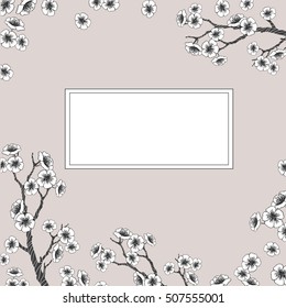Vector invitation card with sakura blossoms. Outlined illustration.