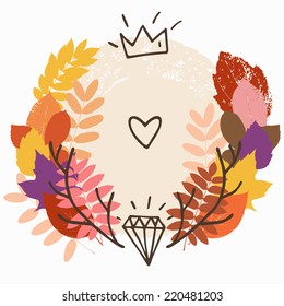 Vector invitation card template with autumn textured leaves and hipster elements in grunge style, background  illustration
