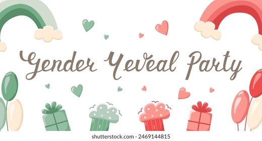 Vector invitation card template for baby gender reveal party. Color illustration with balloons and gifts on a white background. Modern typographic phrase. Gender reveal party concept