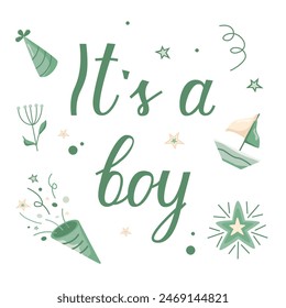 Vector invitation card template for baby gender reveal party. Hand drawn greeting card for the birth of a Boy. Color illustration with firecrackers, boats and stars on a white background. 