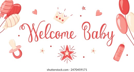 Vector invitation card template for baby gender reveal party. Welcome baby greeting card. Color illustration with balloons in color for girls on a white background.