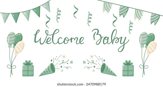 Vector invitation card template for baby gender reveal party. Welcome baby greeting card. Color illustration with balloons and gifts in color for boys on a white background. Modern typographic phrase.