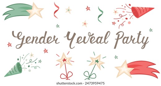 Vector invitation card template for baby gender reveal party. Color illustration with firecrackers and party lights on a white background. Modern typographic phrase. Gender reveal party concept.