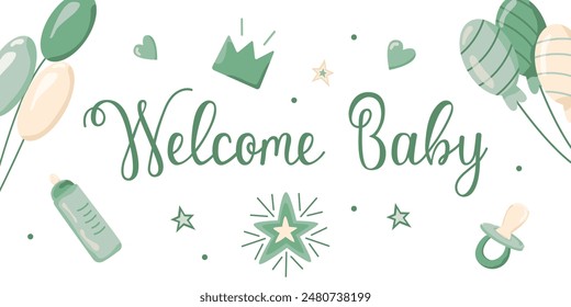 Vector invitation card template for baby gender reveal party. Welcome baby greeting card. Color illustration with balloons in color for boys on a white background. Modern typographic phrase. 