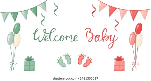 Vector invitation card template for baby gender reveal party. Welcome baby greeting card. Color illustration with balls, flags and gifts on a white background. Gender reveal party concept.