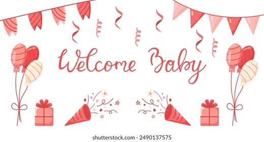 Vector invitation card template for baby gender reveal party. Welcome baby greeting card. Color illustration with balloons and gifts in color for girls on a white background. 