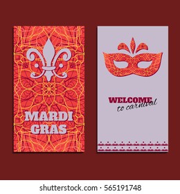 Vector invitation card template to Fat Tuesday. Mardi Gras carnival welcome. Congratulation's backgrounds with oriental pattern, mask and text