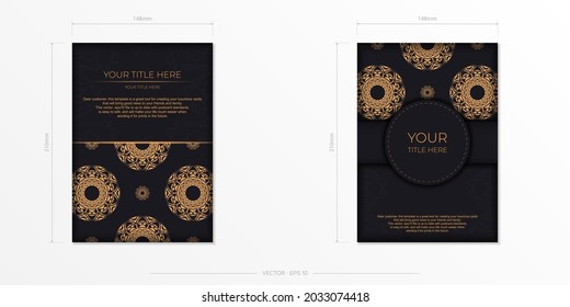 Vector Invitation card template with place for your text and abstract ornament. Black color postcard design with orange ornament.