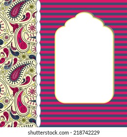 Vector invitation card with Turkish cucumber pattern, stripes and white frame for an inscription