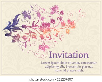 Vector invitation card with watercolor damask element. Arabesque style design. 