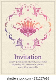 Vector invitation card with watercolor damask element. Arabesque style design. 