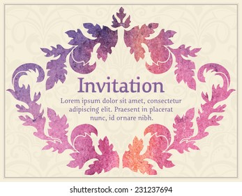 Vector invitation card with watercolor damask element. Arabesque style design. 