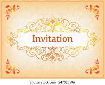 Vector invitation card with watercolor damask element on the light damask background. Arabesque style design. Elegant invitation or gift card.