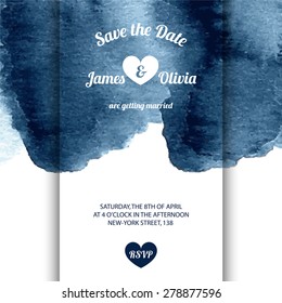 Vector invitation card with watercolor elements in dark blue color. Watercolor collection. EPS10.
