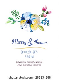 Vector  invitation card with watercolor elements. Wedding collection. Save the date with floral elements. Blossom flowers