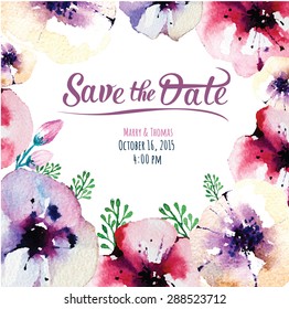 Vector  invitation card with watercolor elements. Wedding collection. Save the date with floral elements. Blossom flowers